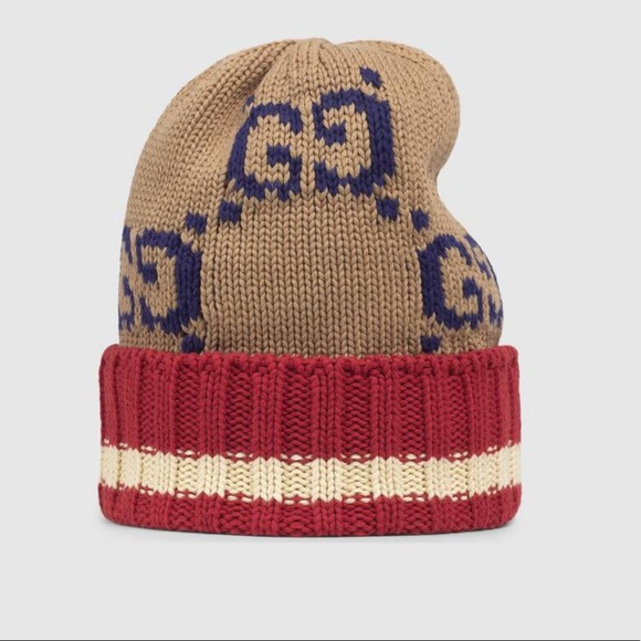 Gucci GG Monogram Dark Beige Red Cotton Beenie - Picture 4 of 12